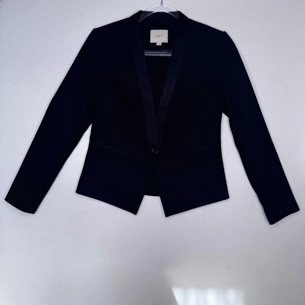 LOFT Black Tuxedo Blazer Jacket Petite 2P Satin Trim Career Formal